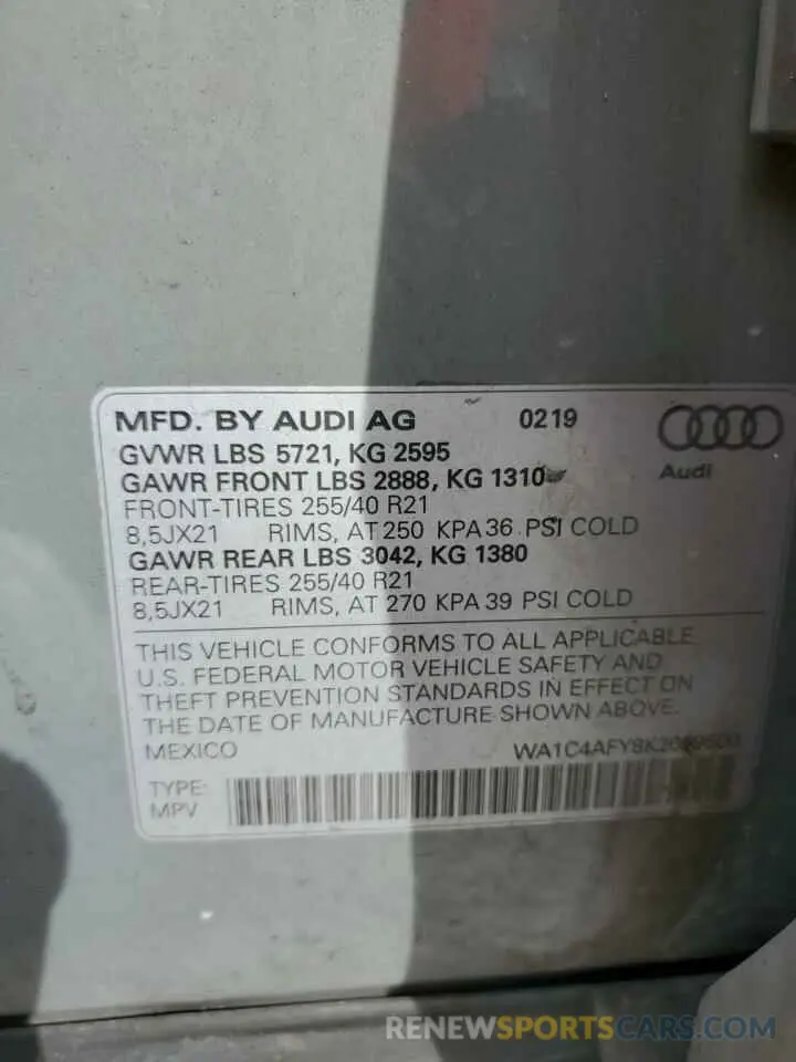 13 fotografías del automóvil dañado WA1C4AFY8K2059500 AUDI SQ5 2019