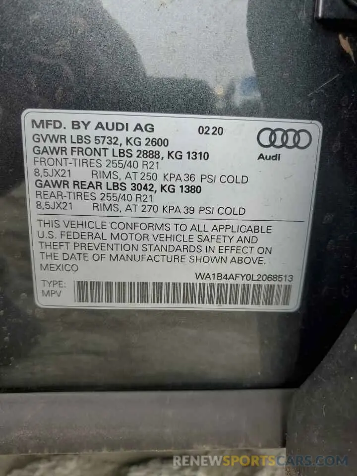 14 fotografías del automóvil dañado WA1B4AFY0L2068513 AUDI SQ5 2020