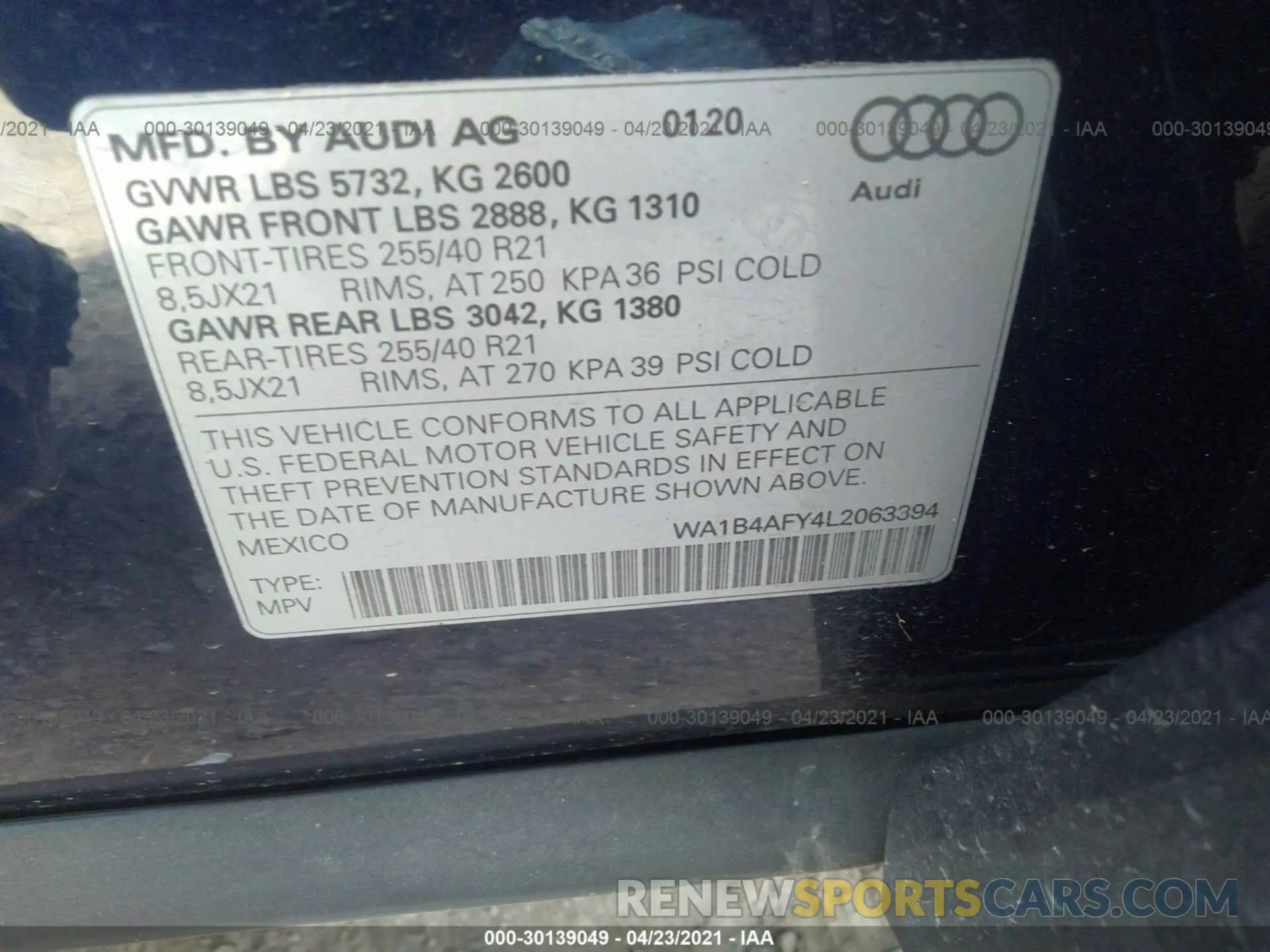 9 fotografías del automóvil dañado WA1B4AFY4L2063394 AUDI SQ5 2020