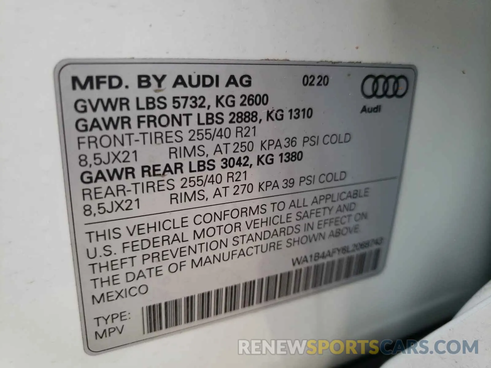10 fotografías del automóvil dañado WA1B4AFY6L2068743 AUDI SQ5 2020