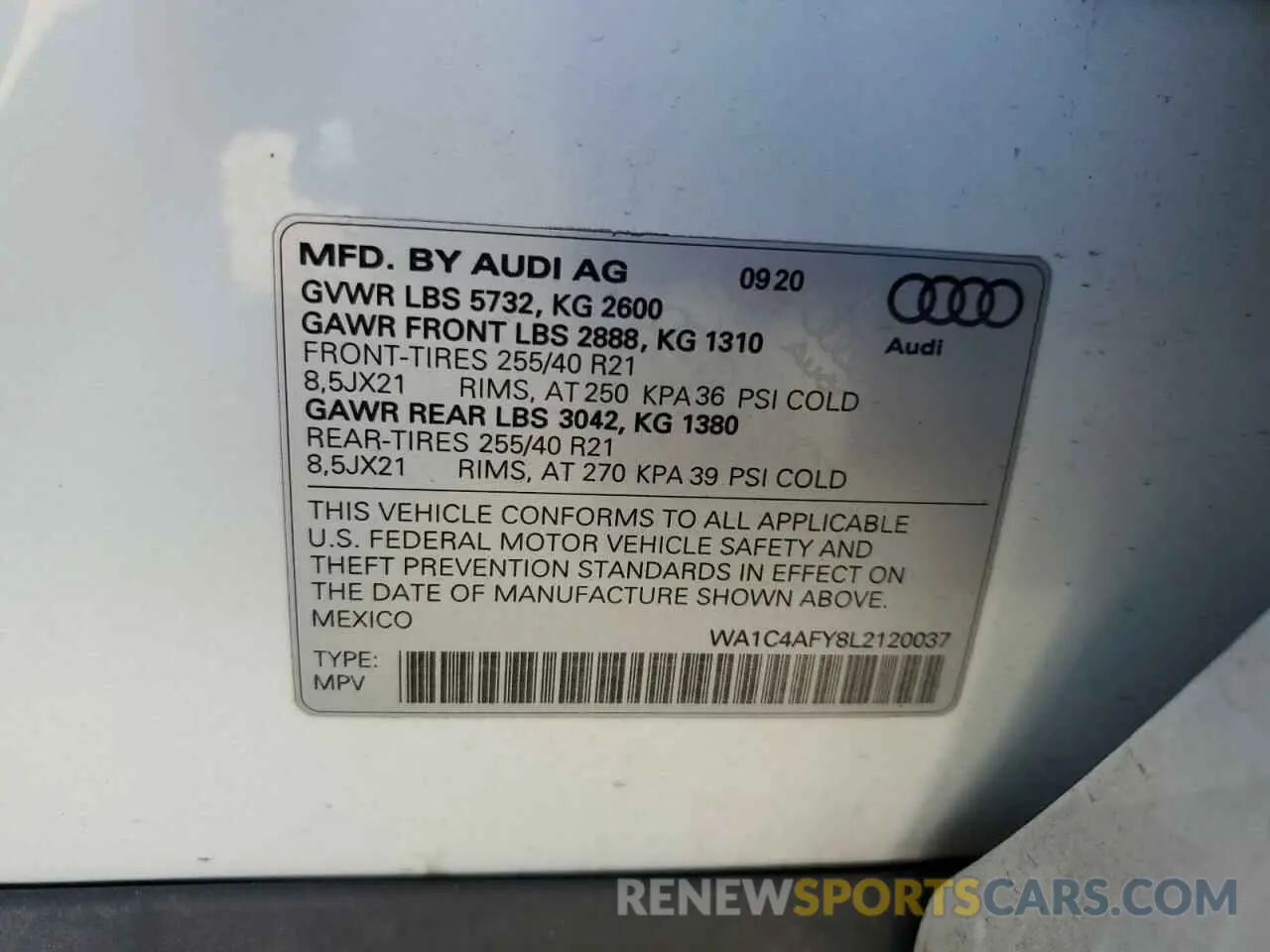 13 fotografías del automóvil dañado WA1C4AFY8L2120037 AUDI SQ5 2020