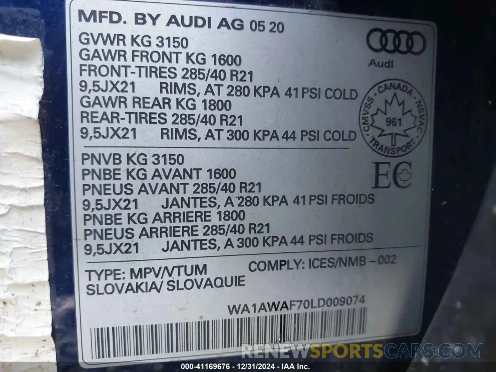 9 fotografías del automóvil dañado WA1AWAF70LD009074 AUDI SQ7 2020