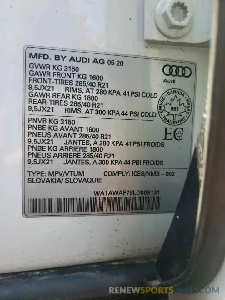 10 fotografías del automóvil dañado WA1AWAF78LD009131 AUDI SQ7 2020