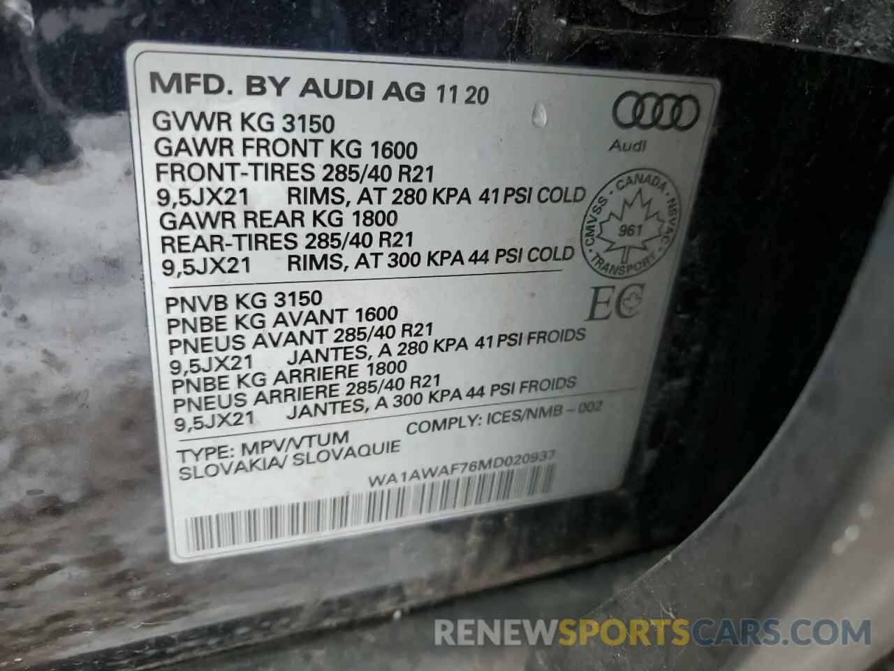 14 fotografías del automóvil dañado WA1AWAF76MD020937 AUDI SQ7 2021