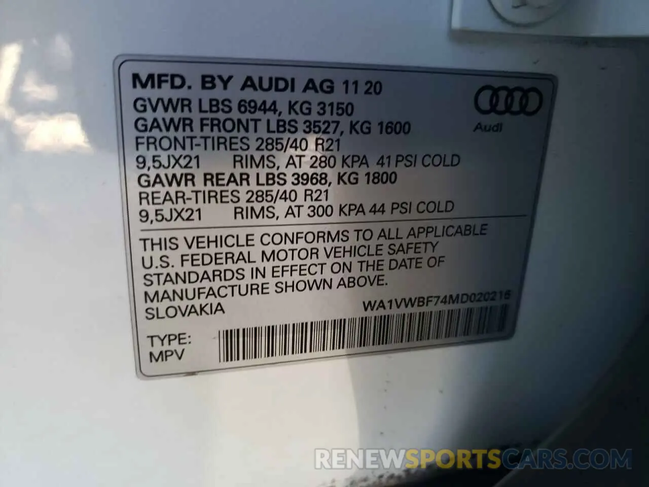 10 fotografías del automóvil dañado WA1VWBF74MD020216 AUDI SQ7 2021
