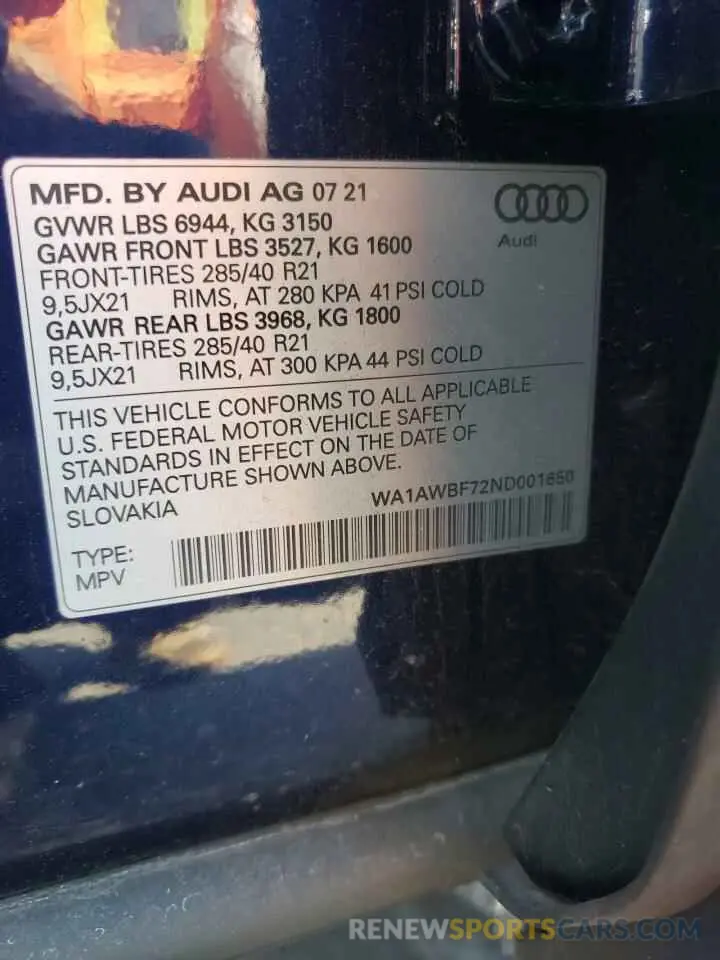 10 fotografías del automóvil dañado WA1AWBF72ND001650 AUDI SQ7 2022
