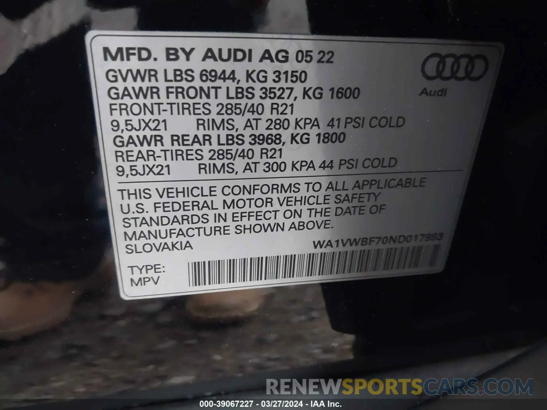 9 fotografías del automóvil dañado WA1VWBF70ND017993 AUDI SQ7 2022