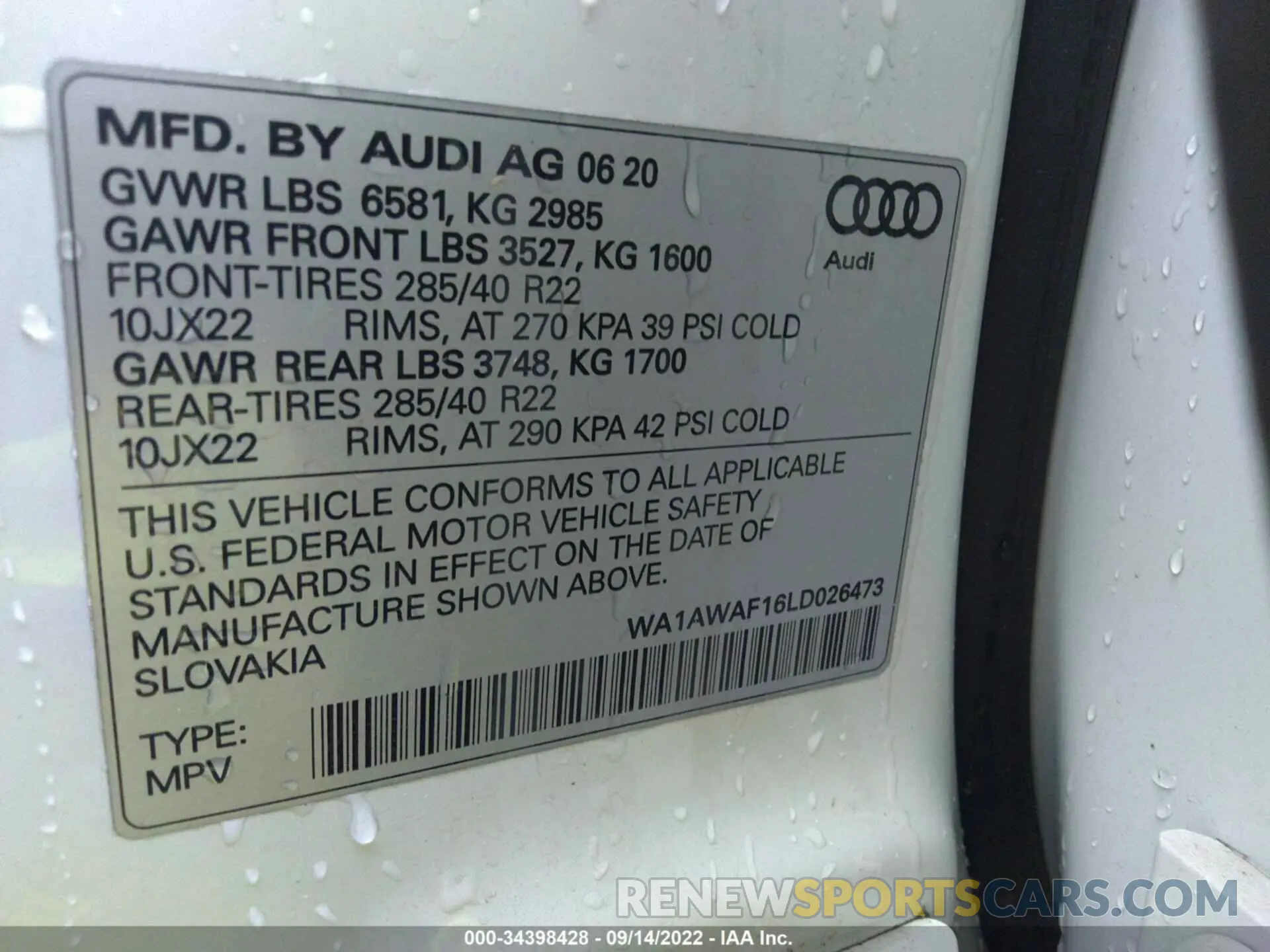 9 fotografías del automóvil dañado WA1AWAF16LD026473 AUDI SQ8 2020