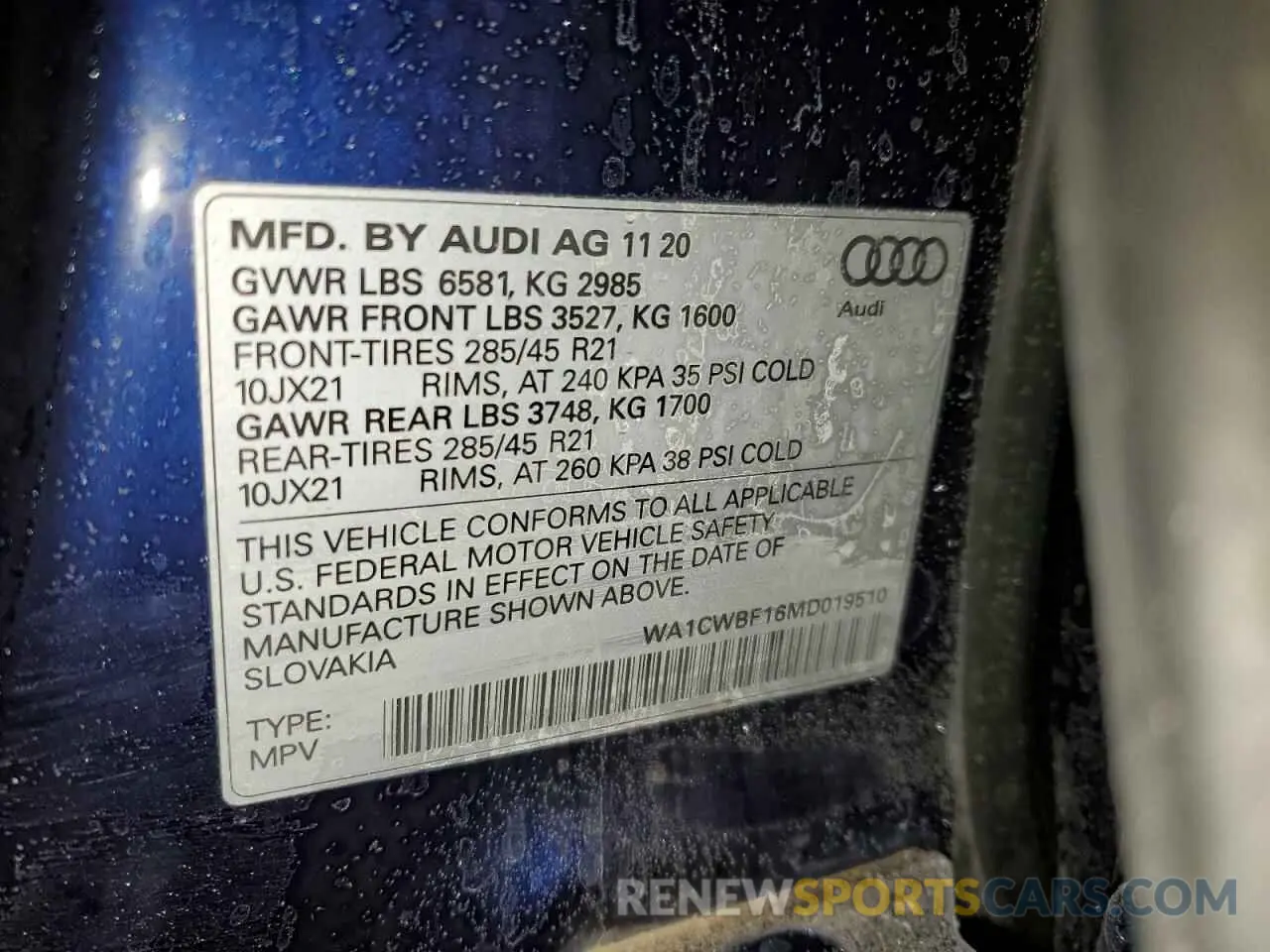13 fotografías del automóvil dañado WA1CWBF16MD019510 AUDI SQ8 2021