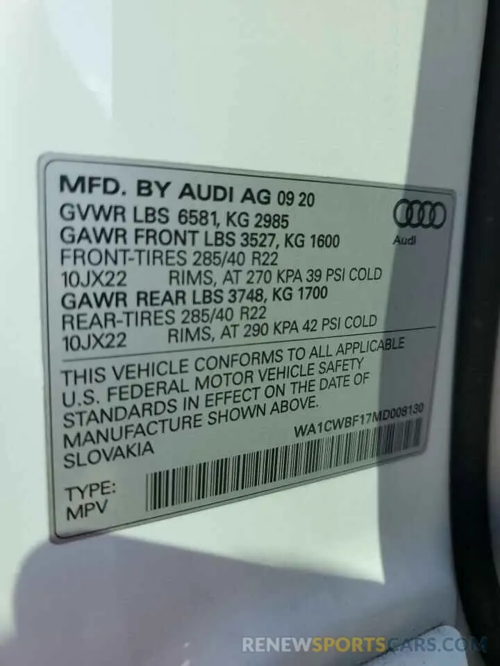 14 fotografías del automóvil dañado WA1CWBF17MD008130 AUDI SQ8 2021