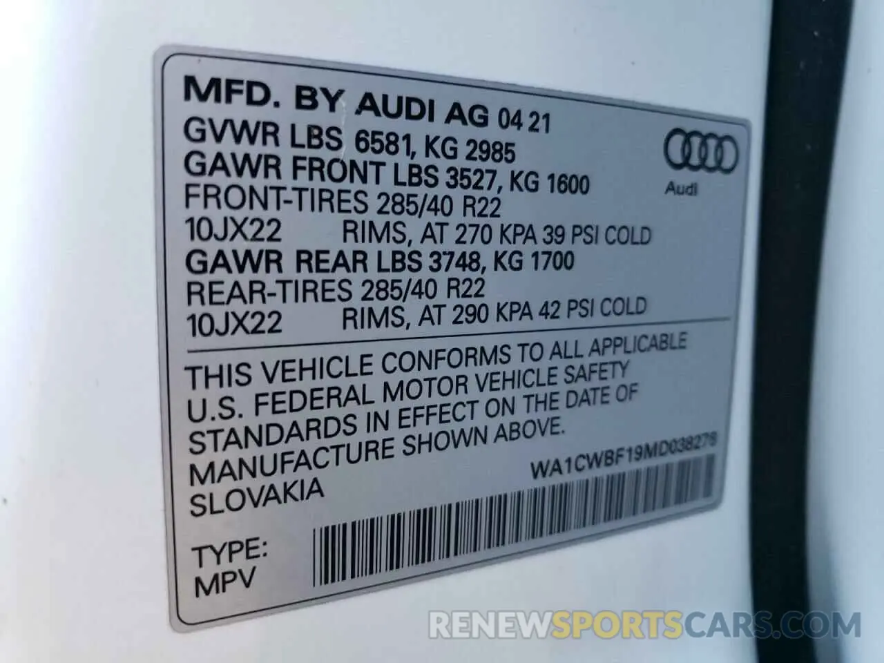 10 fotografías del automóvil dañado WA1CWBF19MD038276 AUDI SQ8 2021