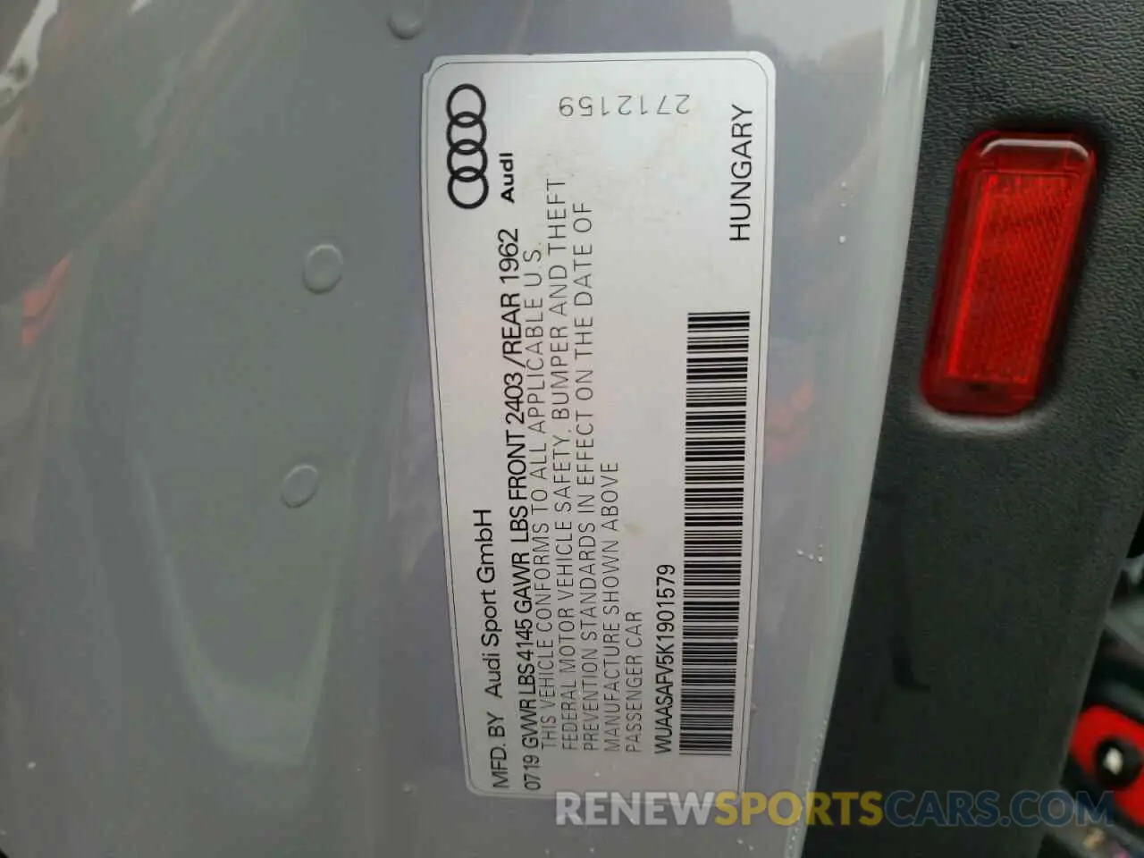 10 fotografías del automóvil dañado WUAASAFV5K1901579 AUDI TT 2019