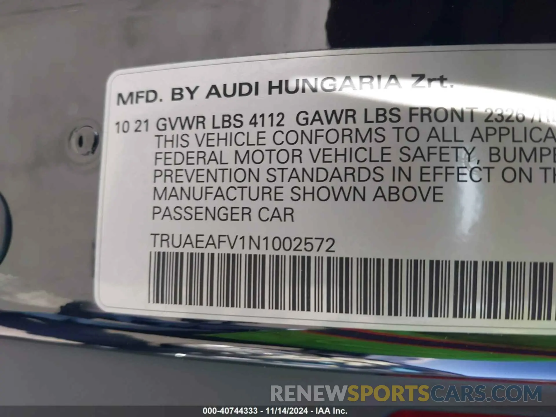 9 fotografías del automóvil dañado TRUAEAFV1N1002572 AUDI TT 2022