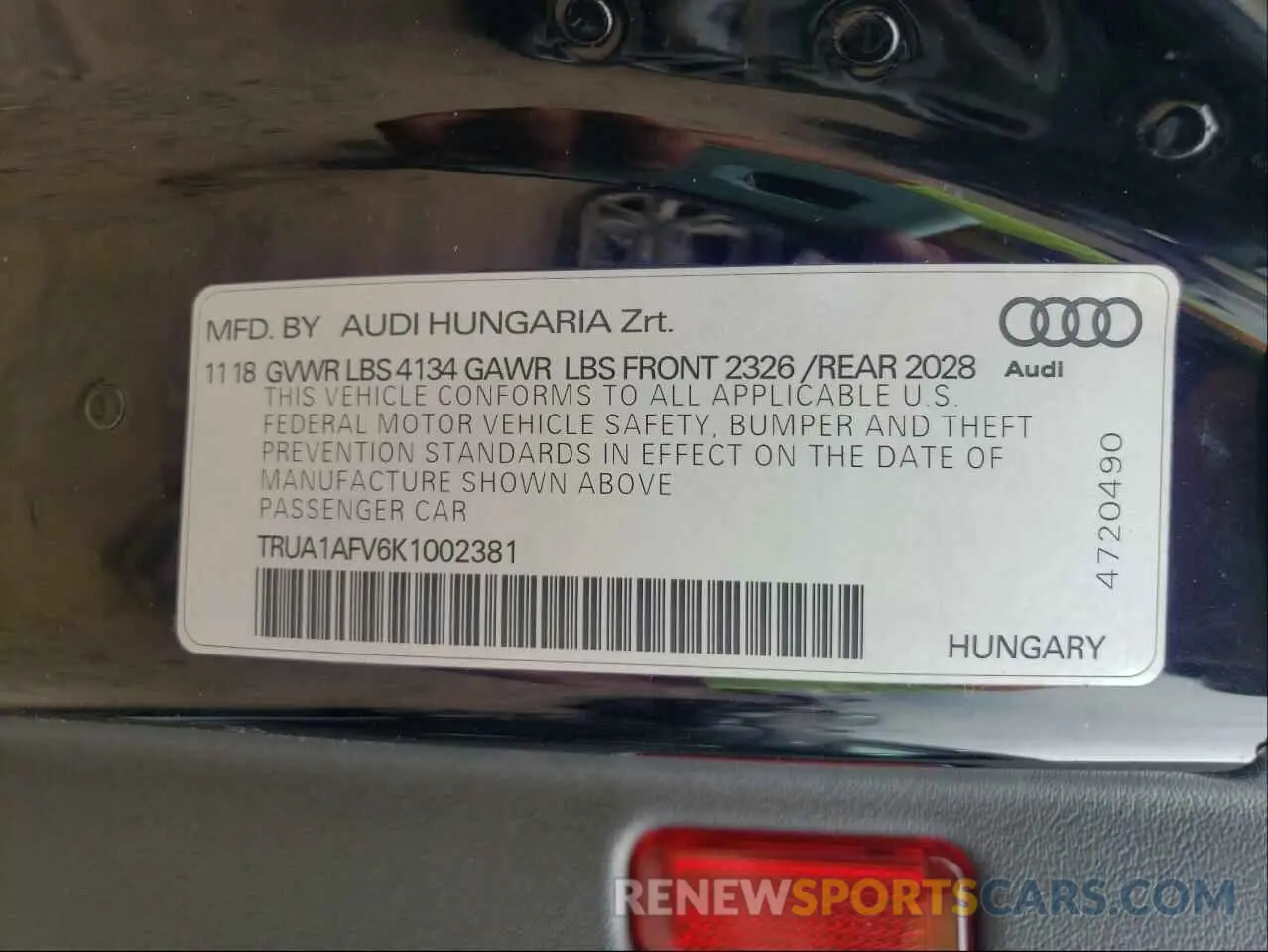 10 fotografías del automóvil dañado TRUA1AFV6K1002381 AUDI TTS 2019