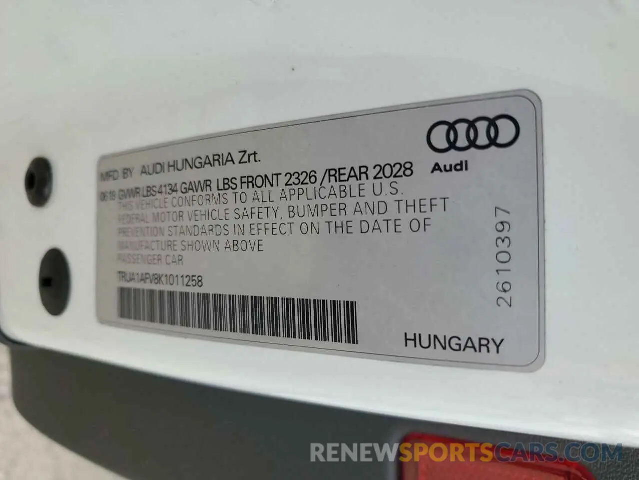 13 fotografías del automóvil dañado TRUA1AFV8K1011258 AUDI TTS 2019