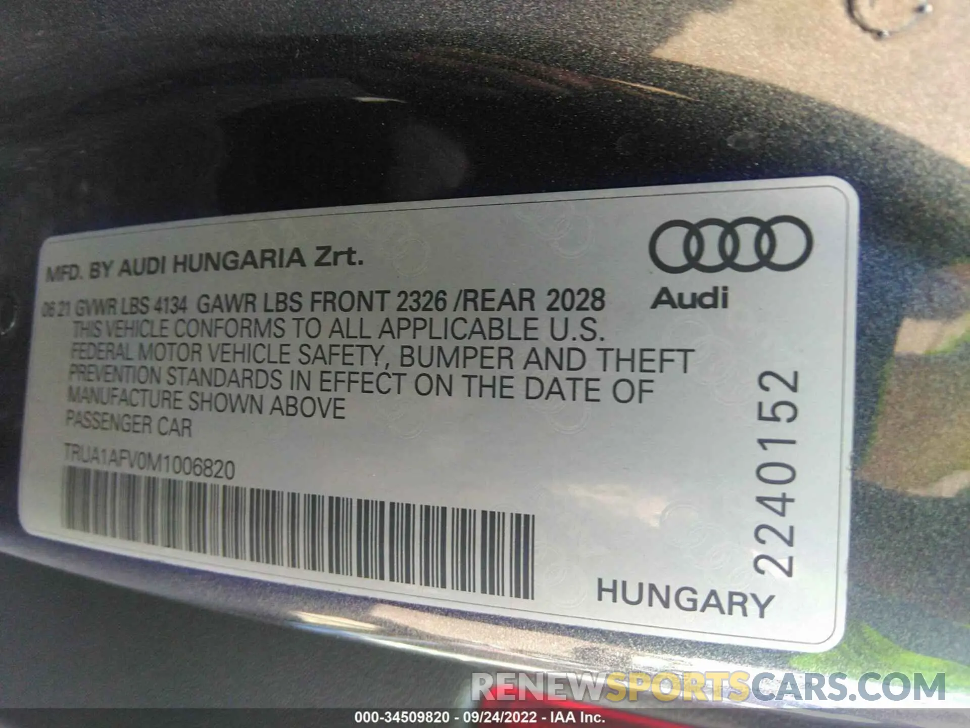 9 fotografías del automóvil dañado TRUA1AFV0M1006820 AUDI TTS 2021