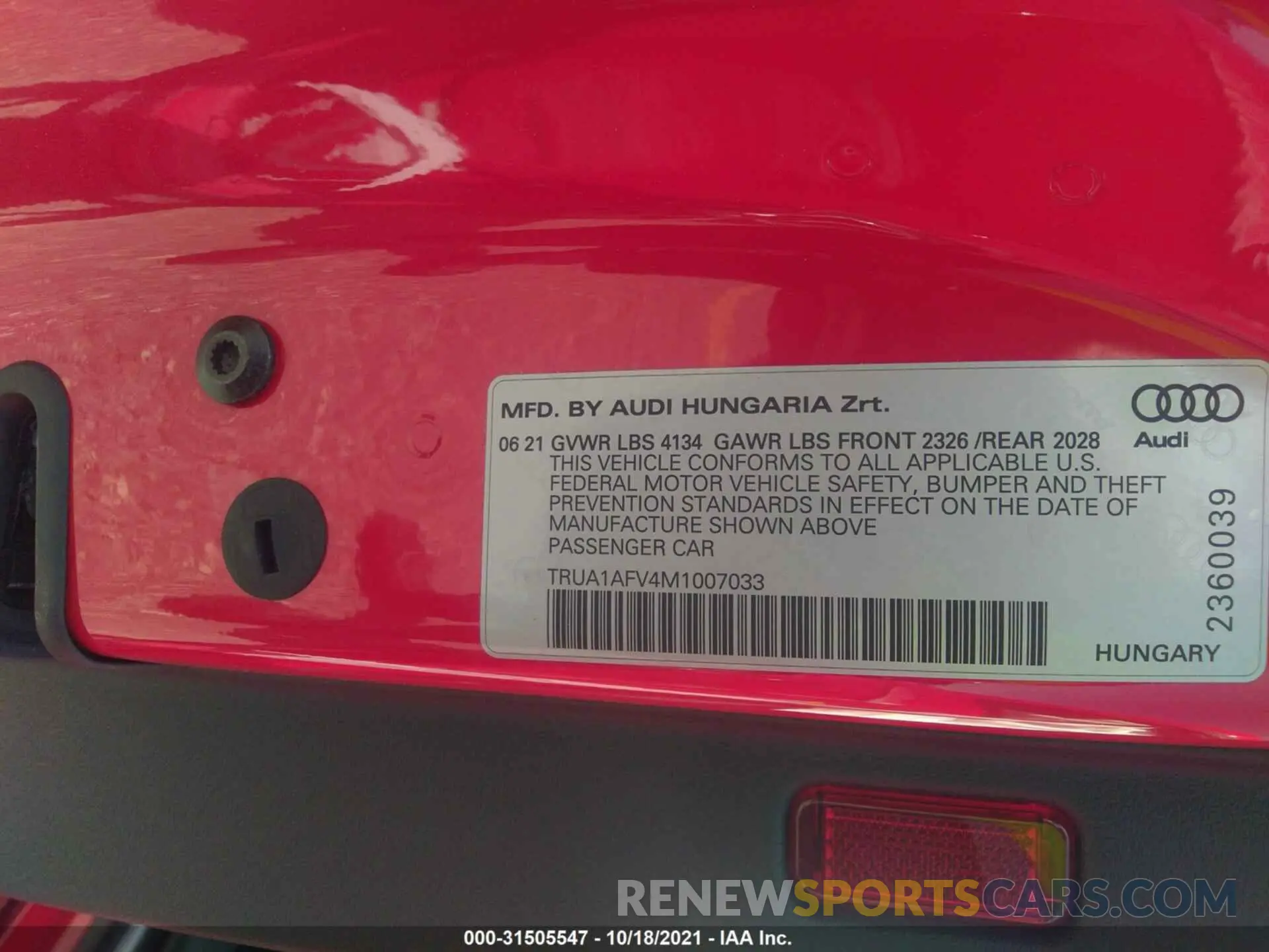 9 fotografías del automóvil dañado TRUA1AFV4M1007033 AUDI TTS 2021