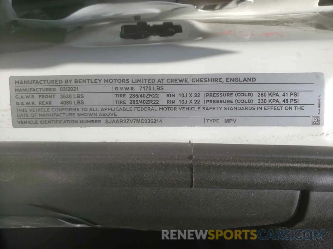 10 fotografías del automóvil dañado SJAAR2ZV7MC036214 BENTLEY ALL MODELS 2021
