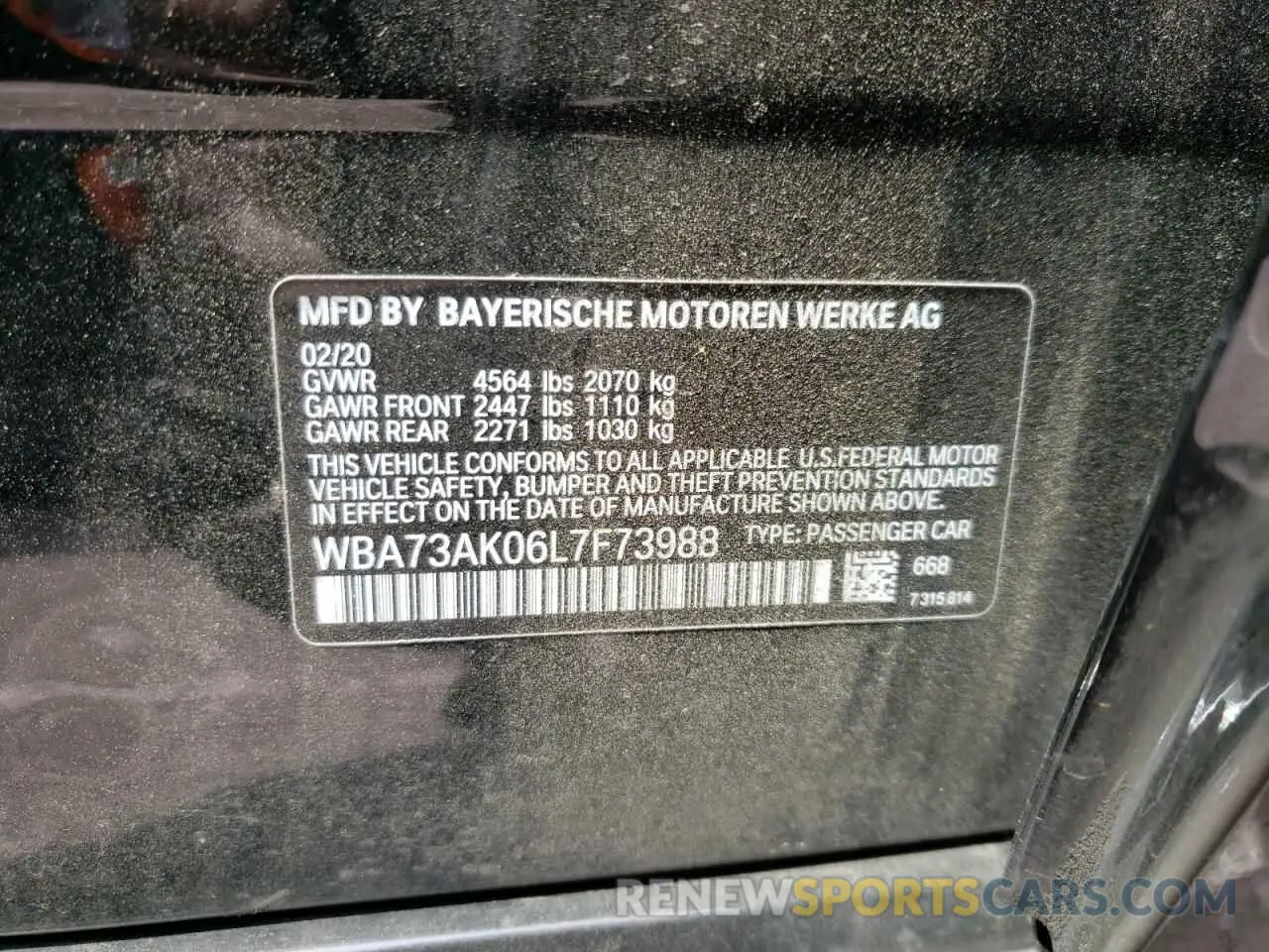 10 fotografías del automóvil dañado WBA73AK06L7F73988 BMW 2 SERIES 2020