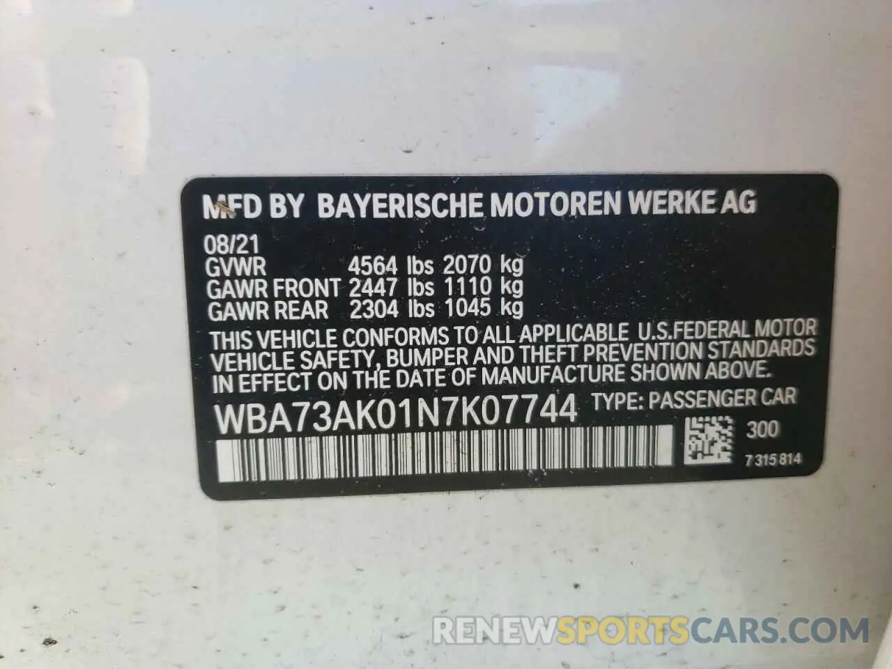10 fotografías del automóvil dañado WBA73AK01N7K07744 BMW 2 SERIES 2022