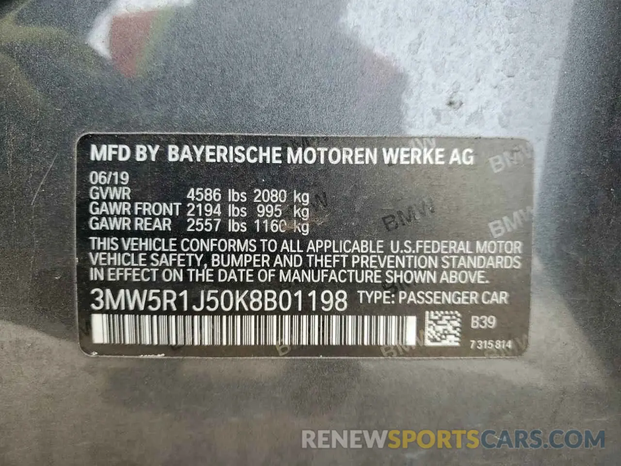 13 fotografías del automóvil dañado 3MW5R1J50K8B01198 BMW 3 SERIES 2019