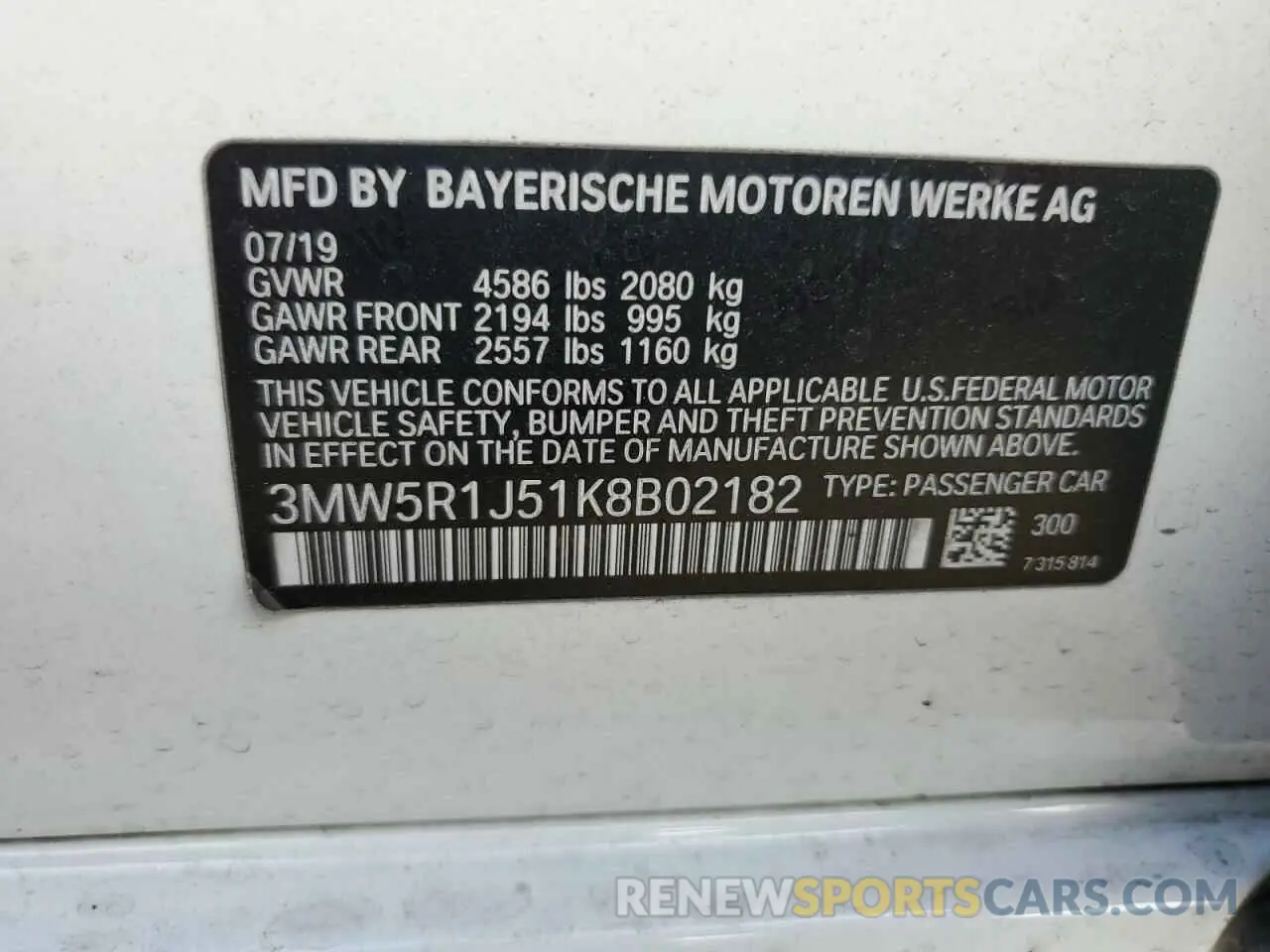 12 fotografías del automóvil dañado 3MW5R1J51K8B02182 BMW 3 SERIES 2019