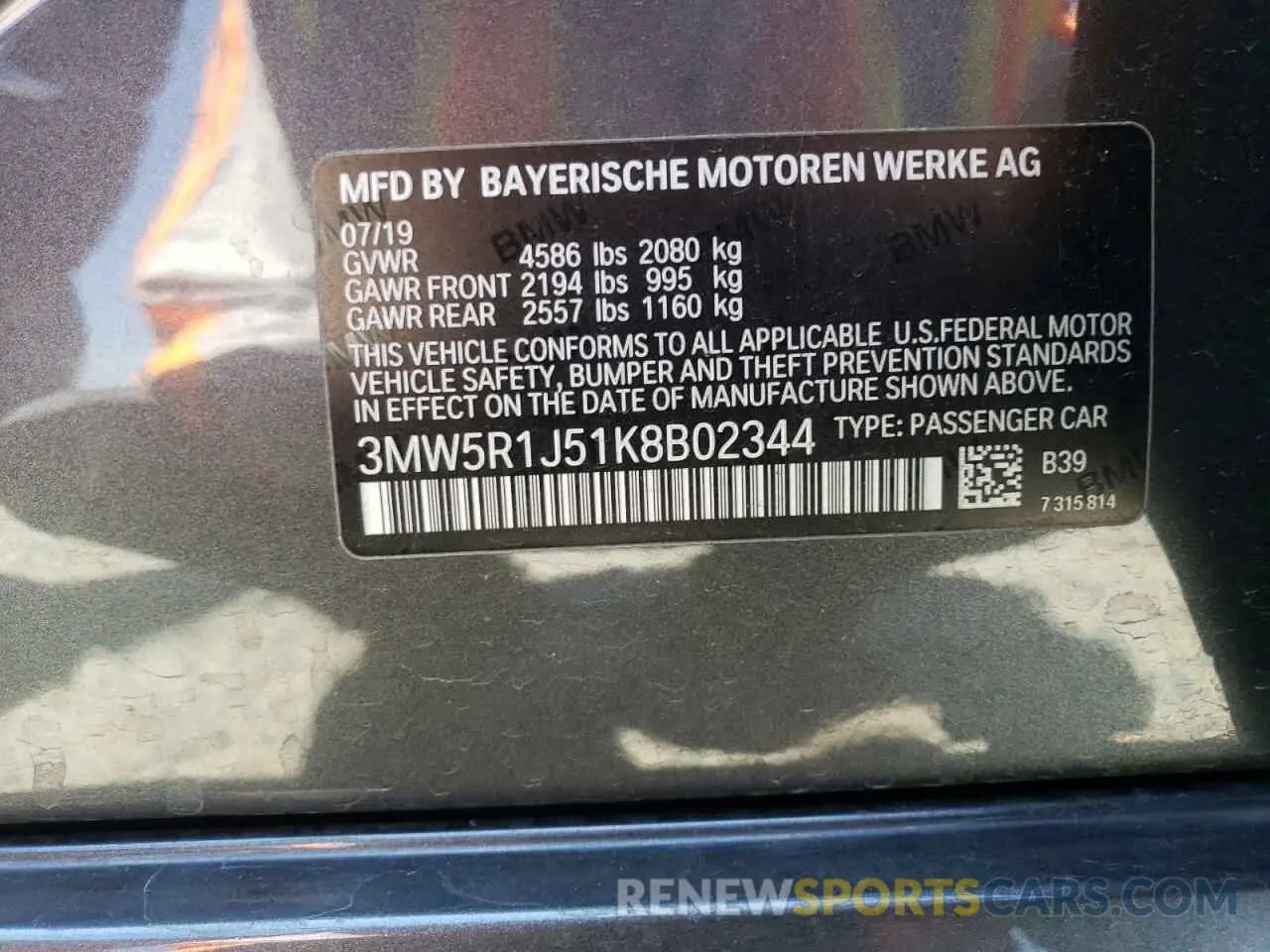12 fotografías del automóvil dañado 3MW5R1J51K8B02344 BMW 3 SERIES 2019
