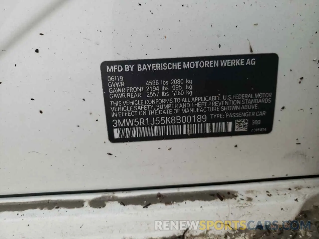 10 fotografías del automóvil dañado 3MW5R1J55K8B00189 BMW 3 SERIES 2019