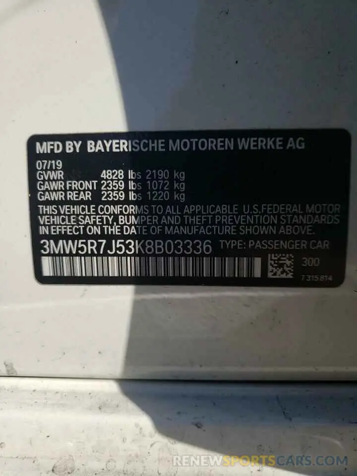 12 fotografías del automóvil dañado 3MW5R7J53K8B03336 BMW 3 SERIES 2019