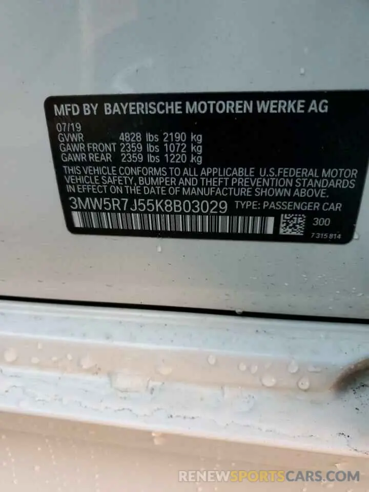 12 fotografías del automóvil dañado 3MW5R7J55K8B03029 BMW 3 SERIES 2019