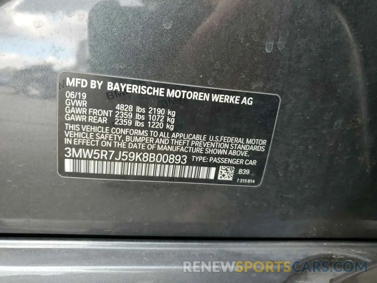 14 fotografías del automóvil dañado 3MW5R7J59K8B00893 BMW 3 SERIES 2019