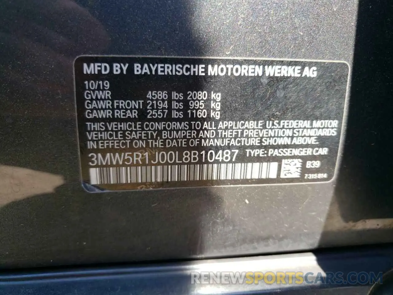 12 fotografías del automóvil dañado 3MW5R1J00L8B10487 BMW 3 SERIES 2020