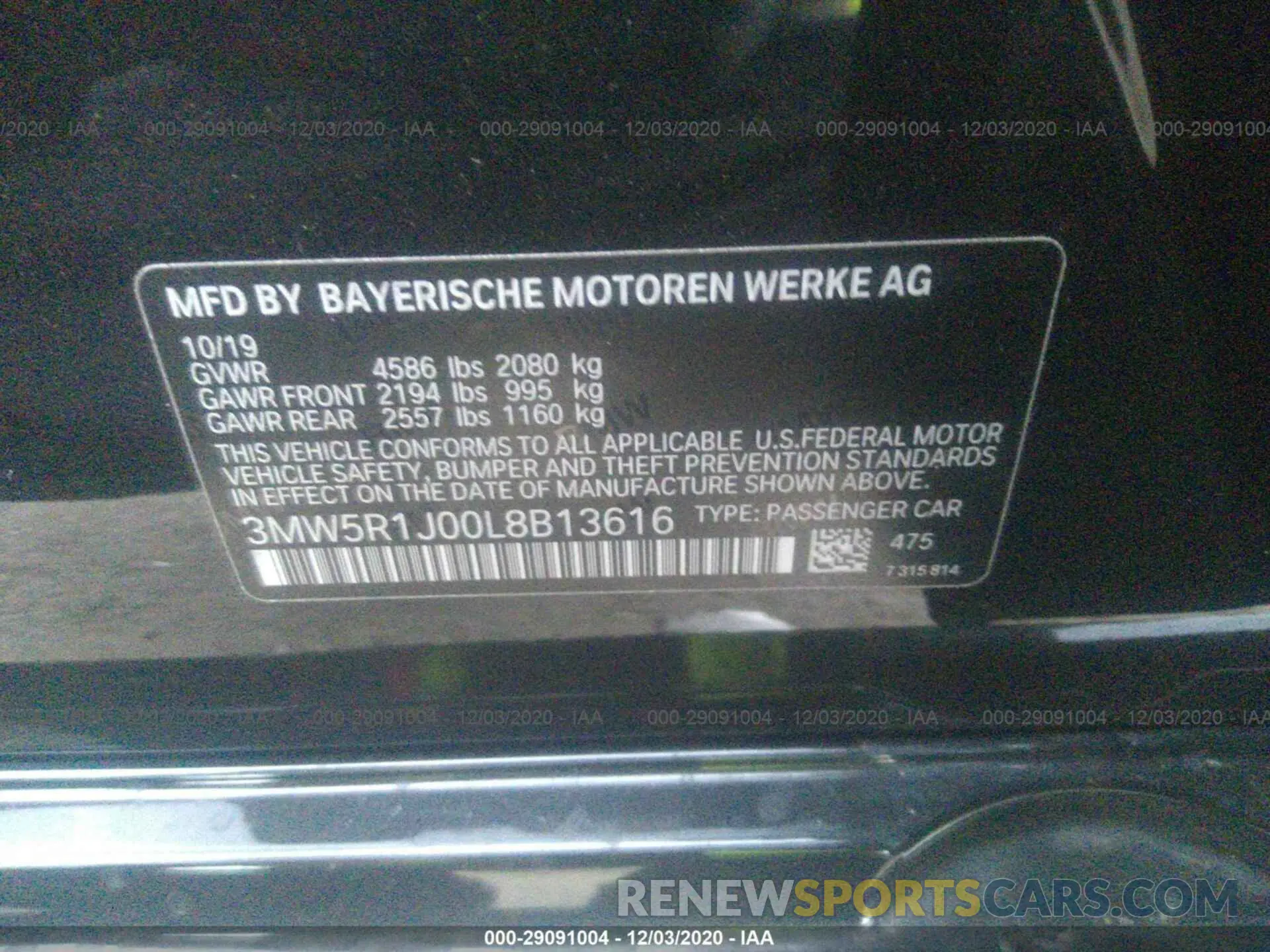 9 fotografías del automóvil dañado 3MW5R1J00L8B13616 BMW 3 SERIES 2020