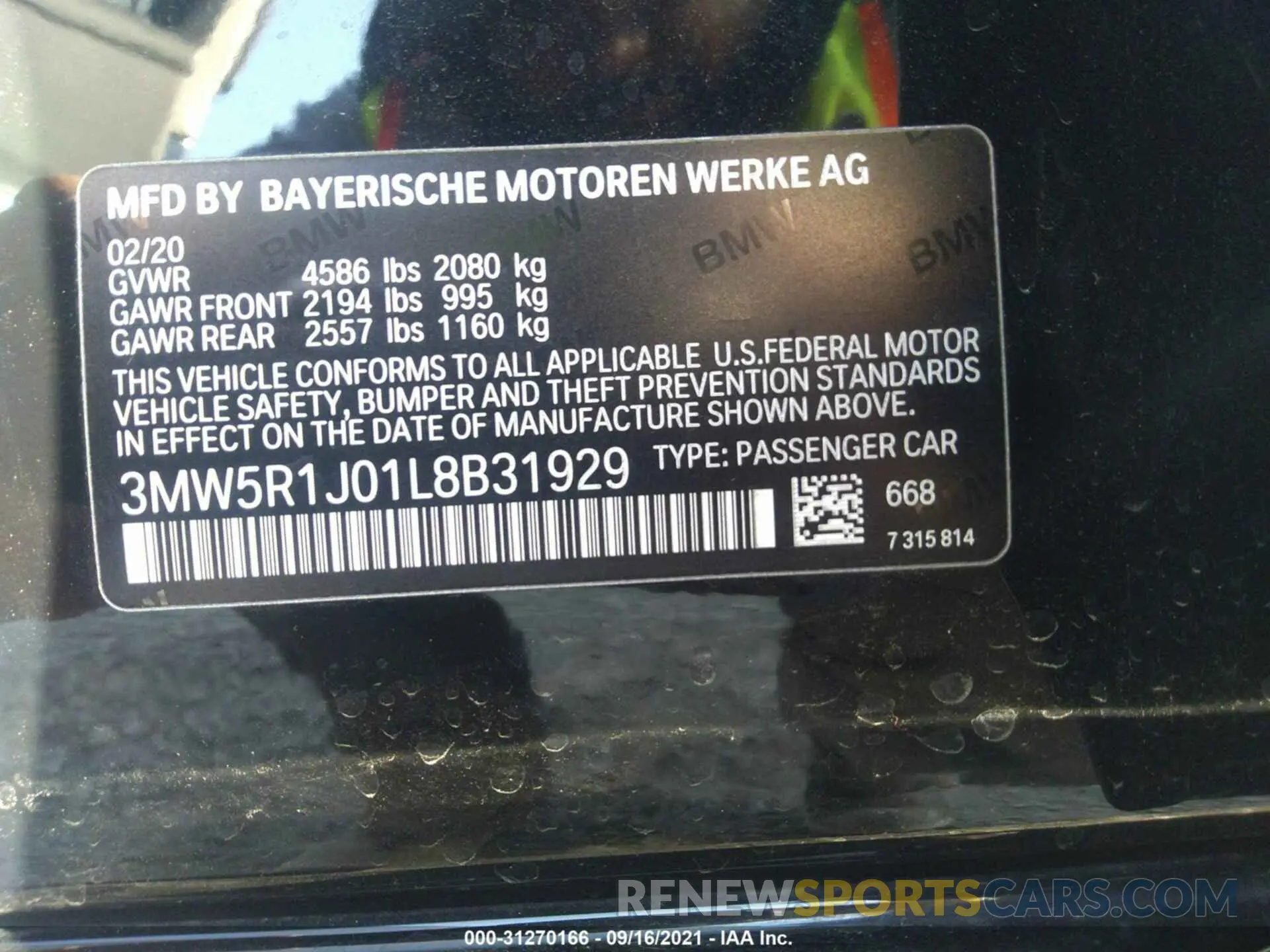 9 fotografías del automóvil dañado 3MW5R1J01L8B31929 BMW 3 SERIES 2020