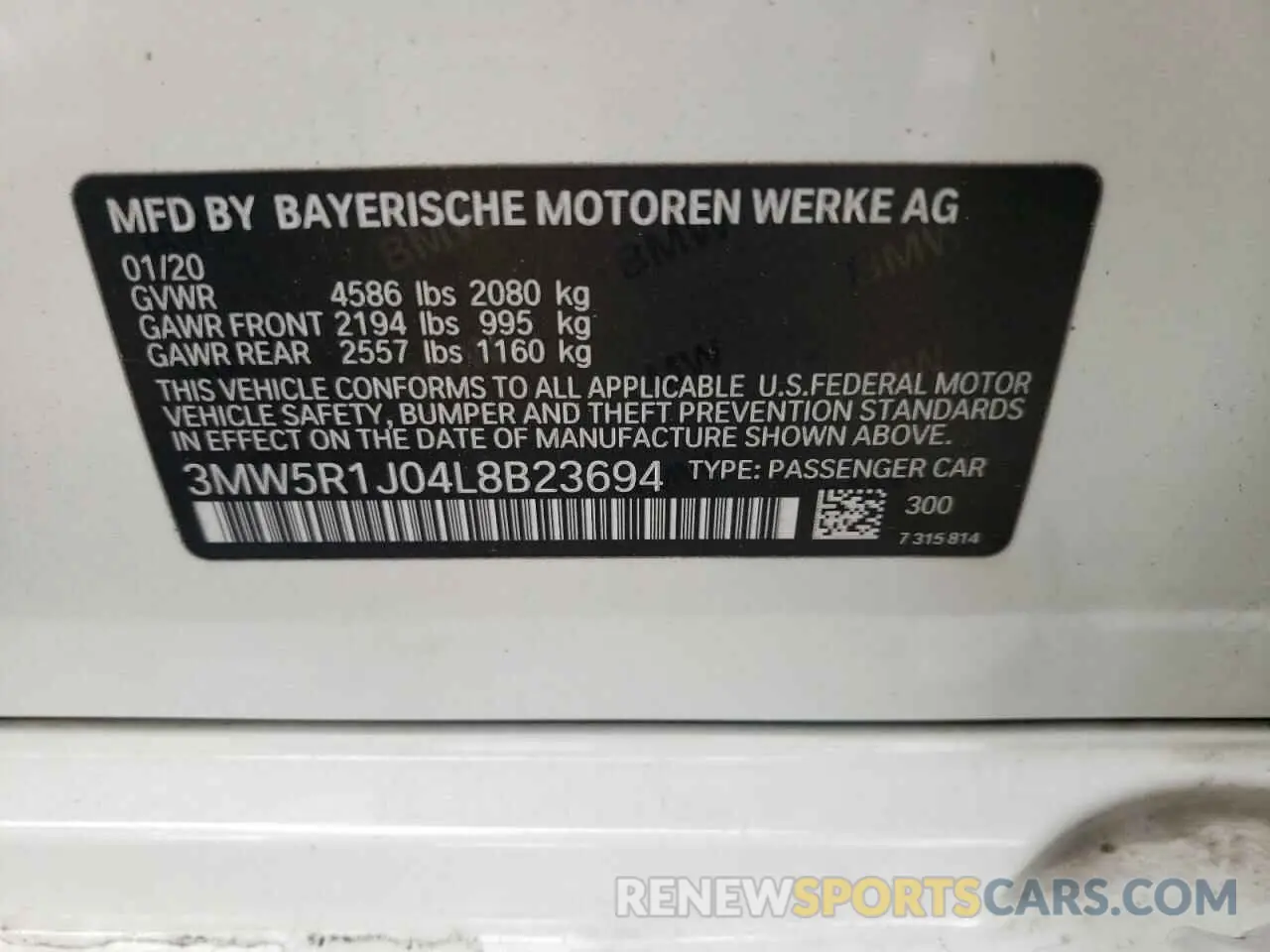 10 fotografías del automóvil dañado 3MW5R1J04L8B23694 BMW 3 SERIES 2020