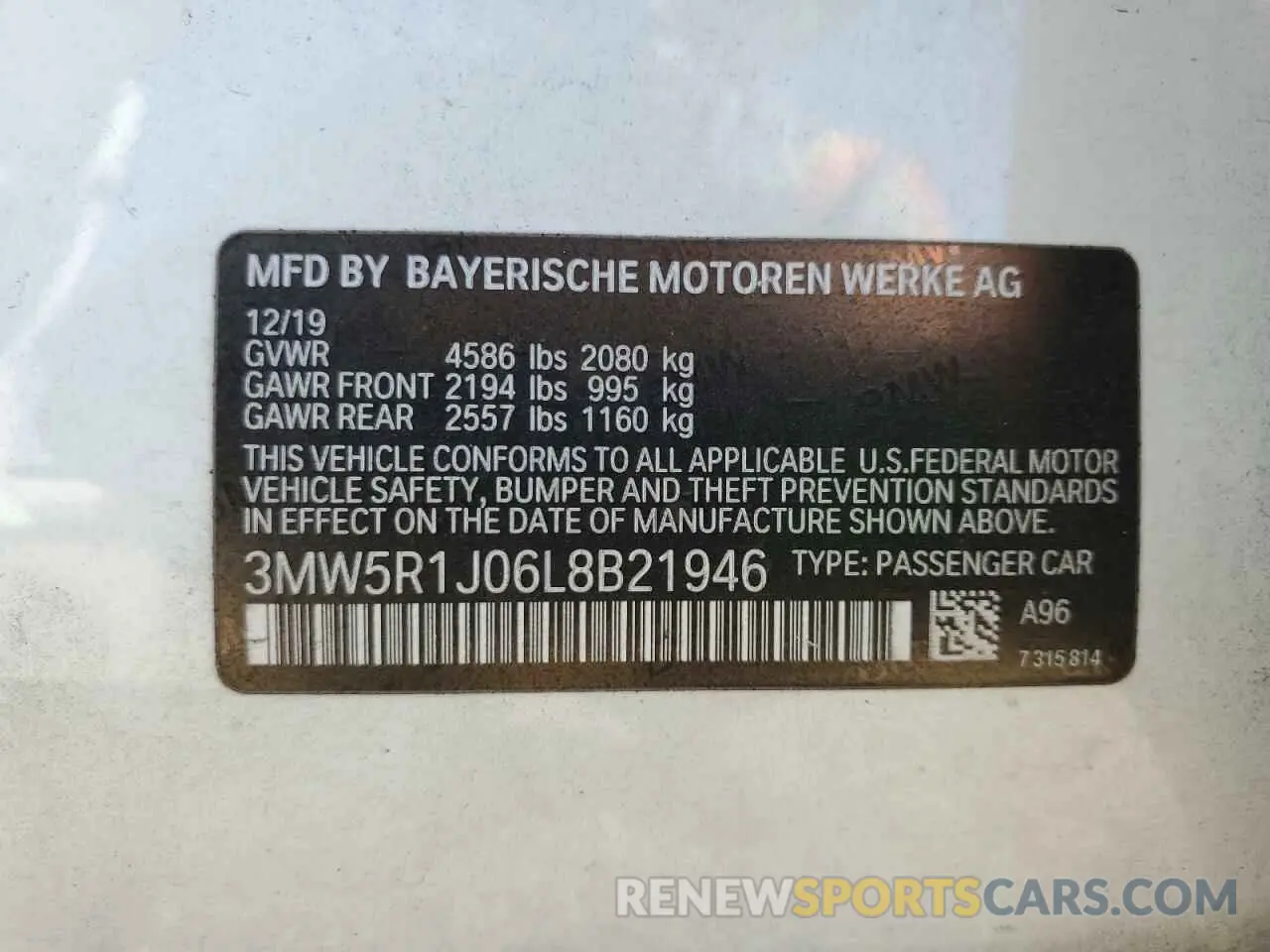 12 fotografías del automóvil dañado 3MW5R1J06L8B21946 BMW 3 SERIES 2020