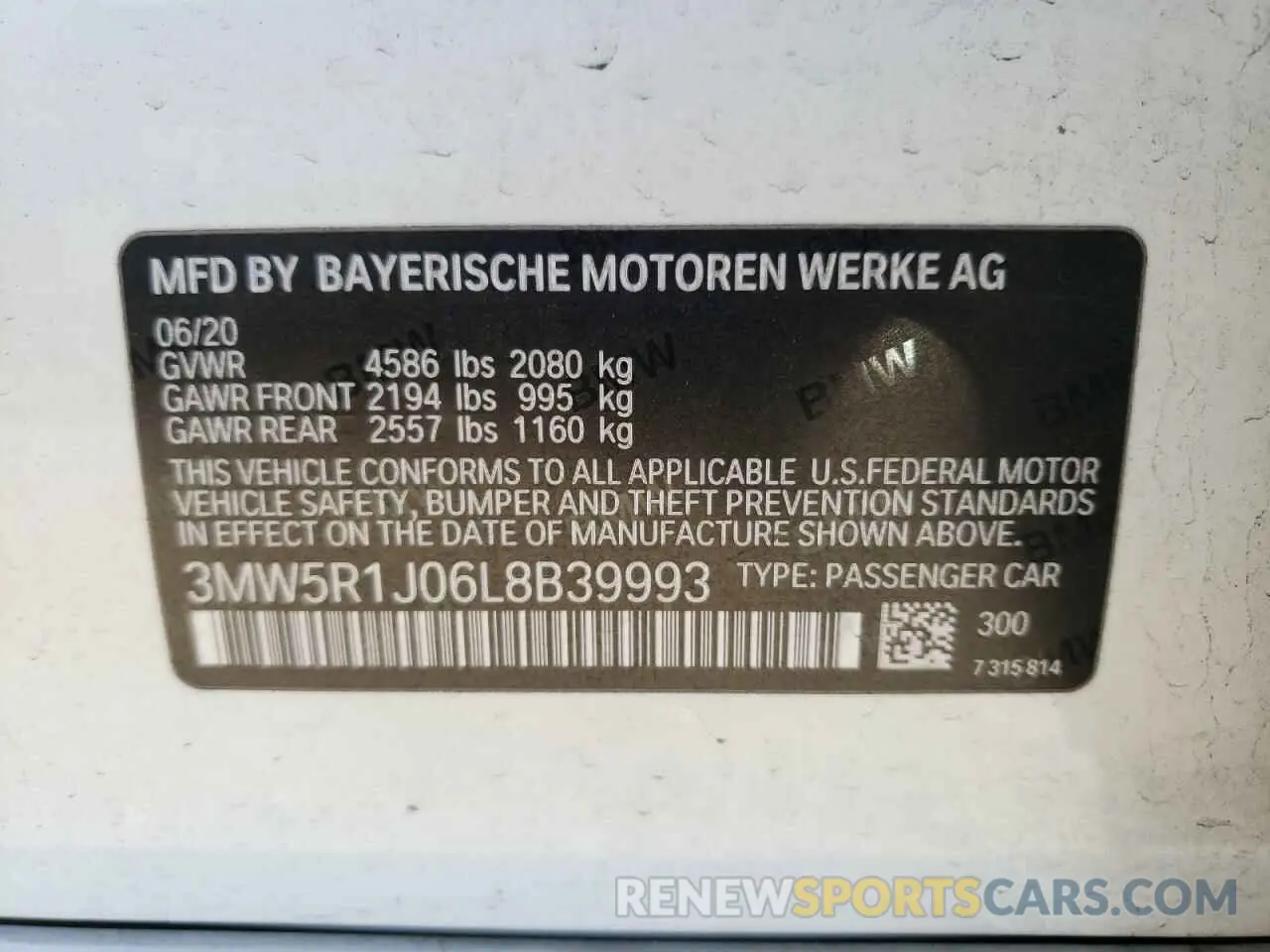 10 fotografías del automóvil dañado 3MW5R1J06L8B39993 BMW 3 SERIES 2020