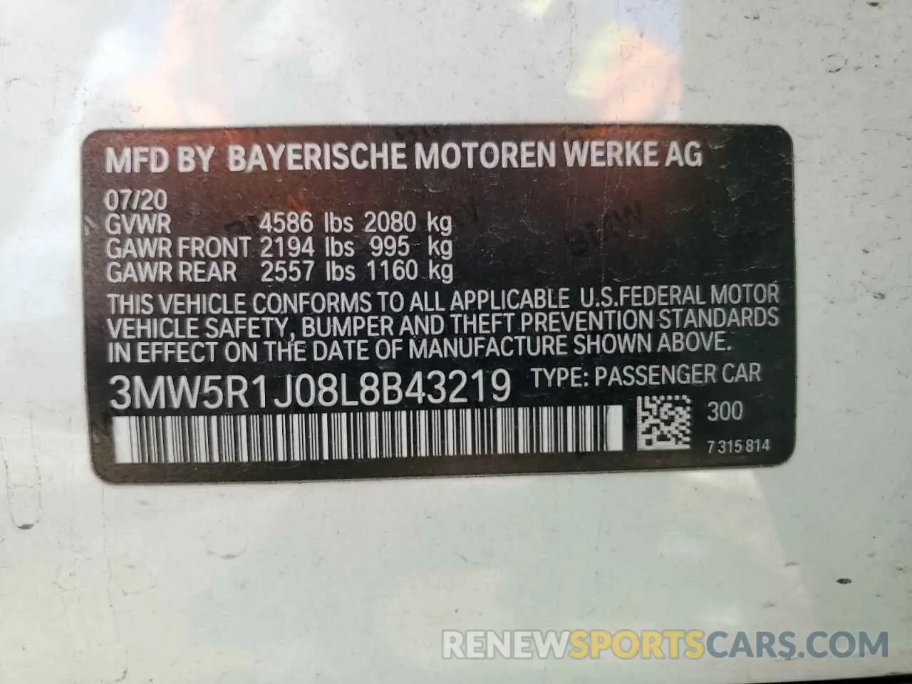 12 fotografías del automóvil dañado 3MW5R1J08L8B43219 BMW 3 SERIES 2020