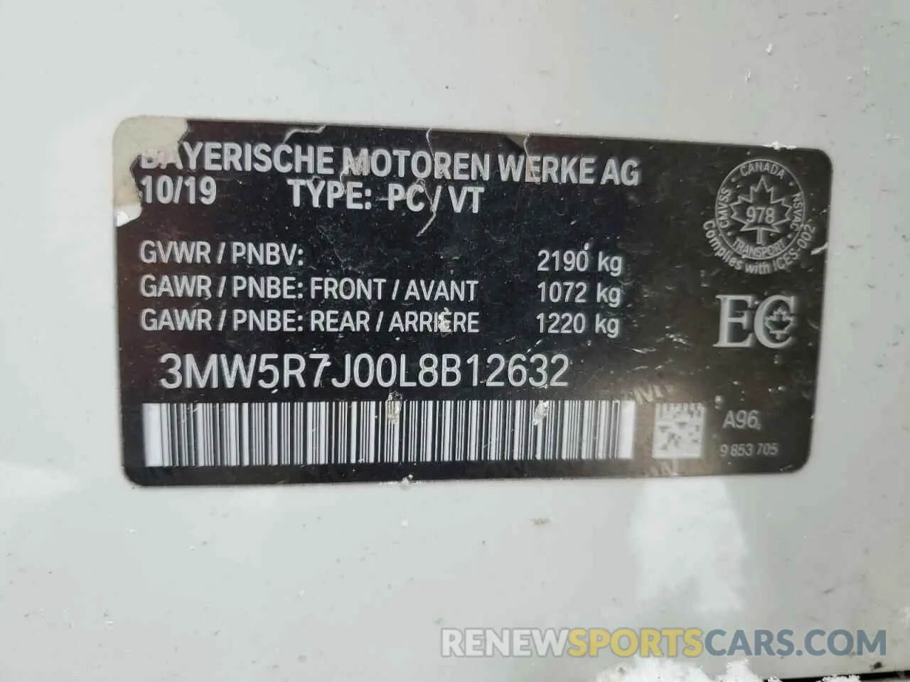 12 fotografías del automóvil dañado 3MW5R7J00L8B12632 BMW 3 SERIES 2020