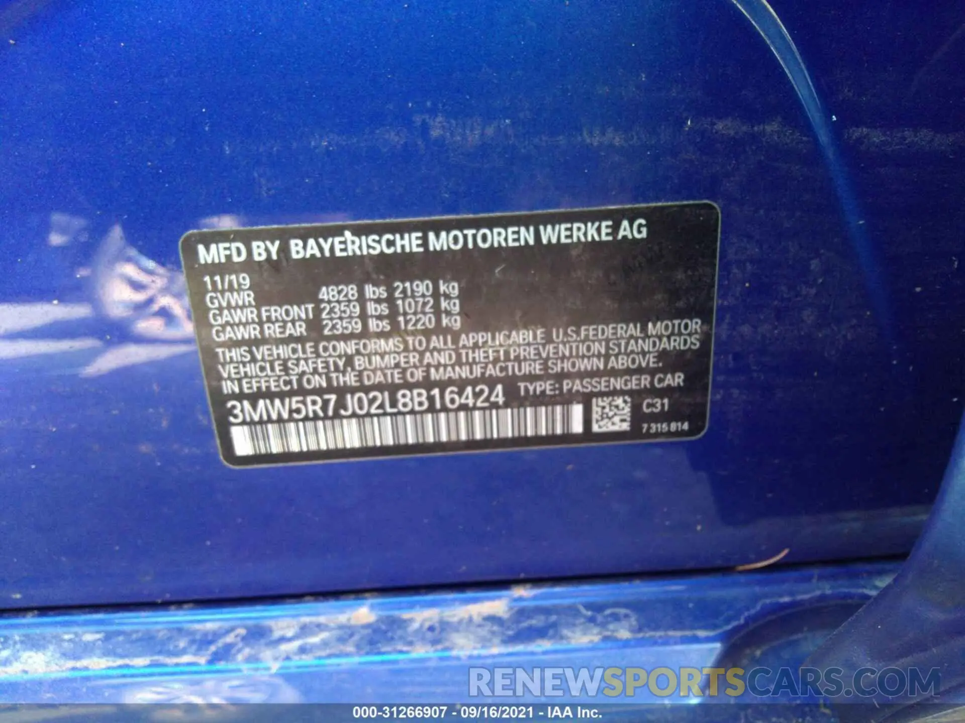 9 fotografías del automóvil dañado 3MW5R7J02L8B16424 BMW 3 SERIES 2020