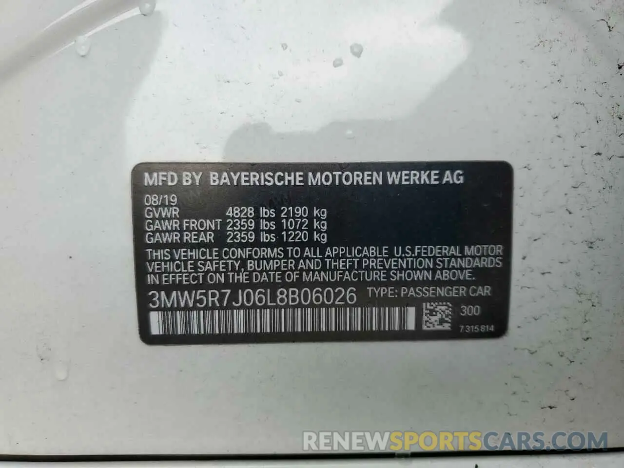 12 fotografías del automóvil dañado 3MW5R7J06L8B06026 BMW 3 SERIES 2020