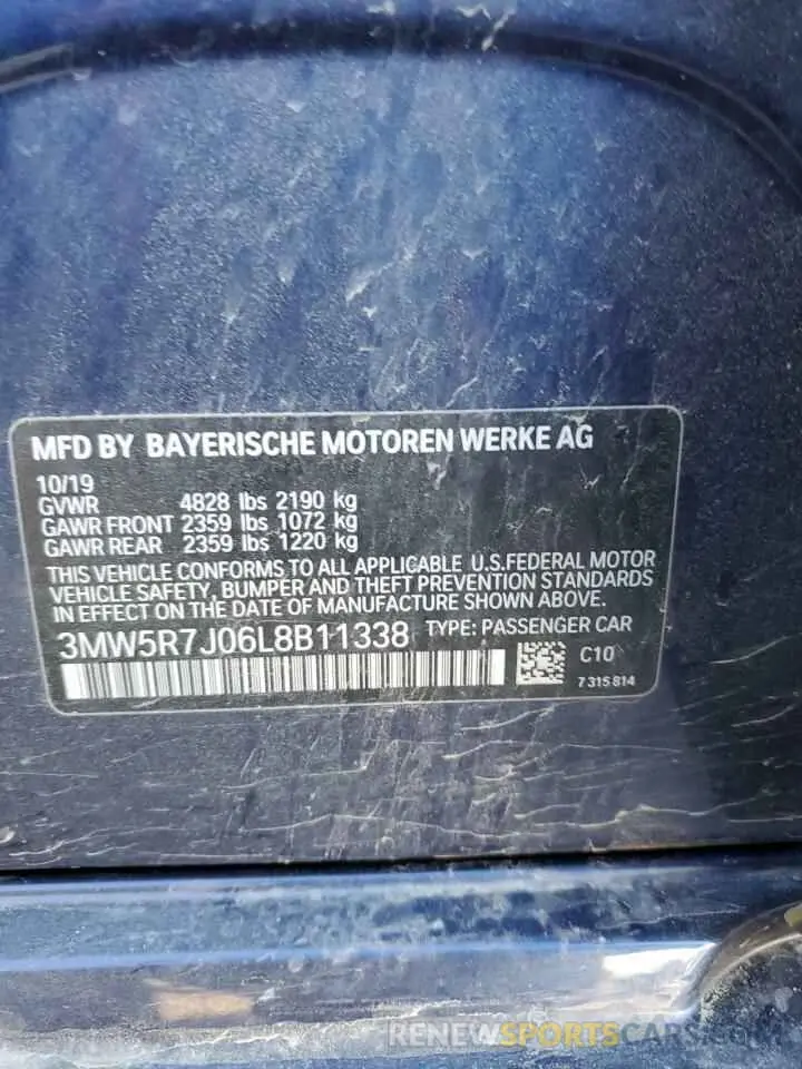 12 fotografías del automóvil dañado 3MW5R7J06L8B11338 BMW 3 SERIES 2020