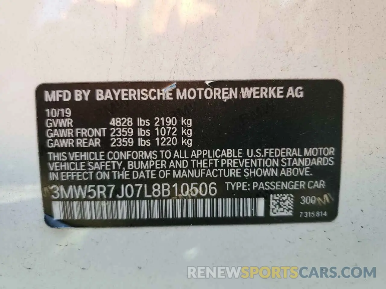10 fotografías del automóvil dañado 3MW5R7J07L8B10506 BMW 3 SERIES 2020