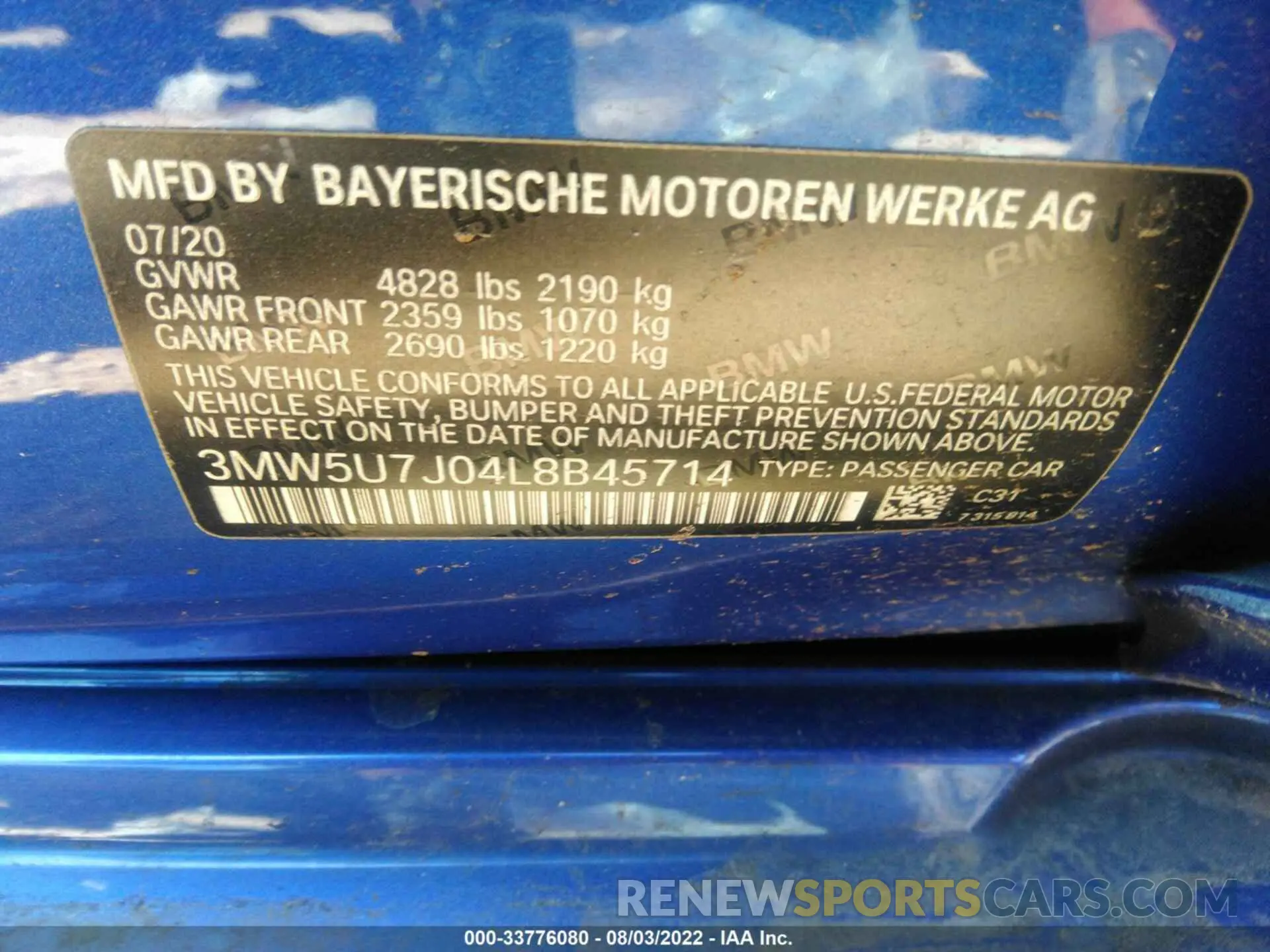 9 fotografías del automóvil dañado 3MW5U7J04L8B45714 BMW 3 SERIES 2020