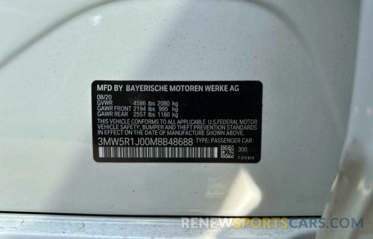 10 fotografías del automóvil dañado 3MW5R1J00M8B48688 BMW 3 SERIES 2021