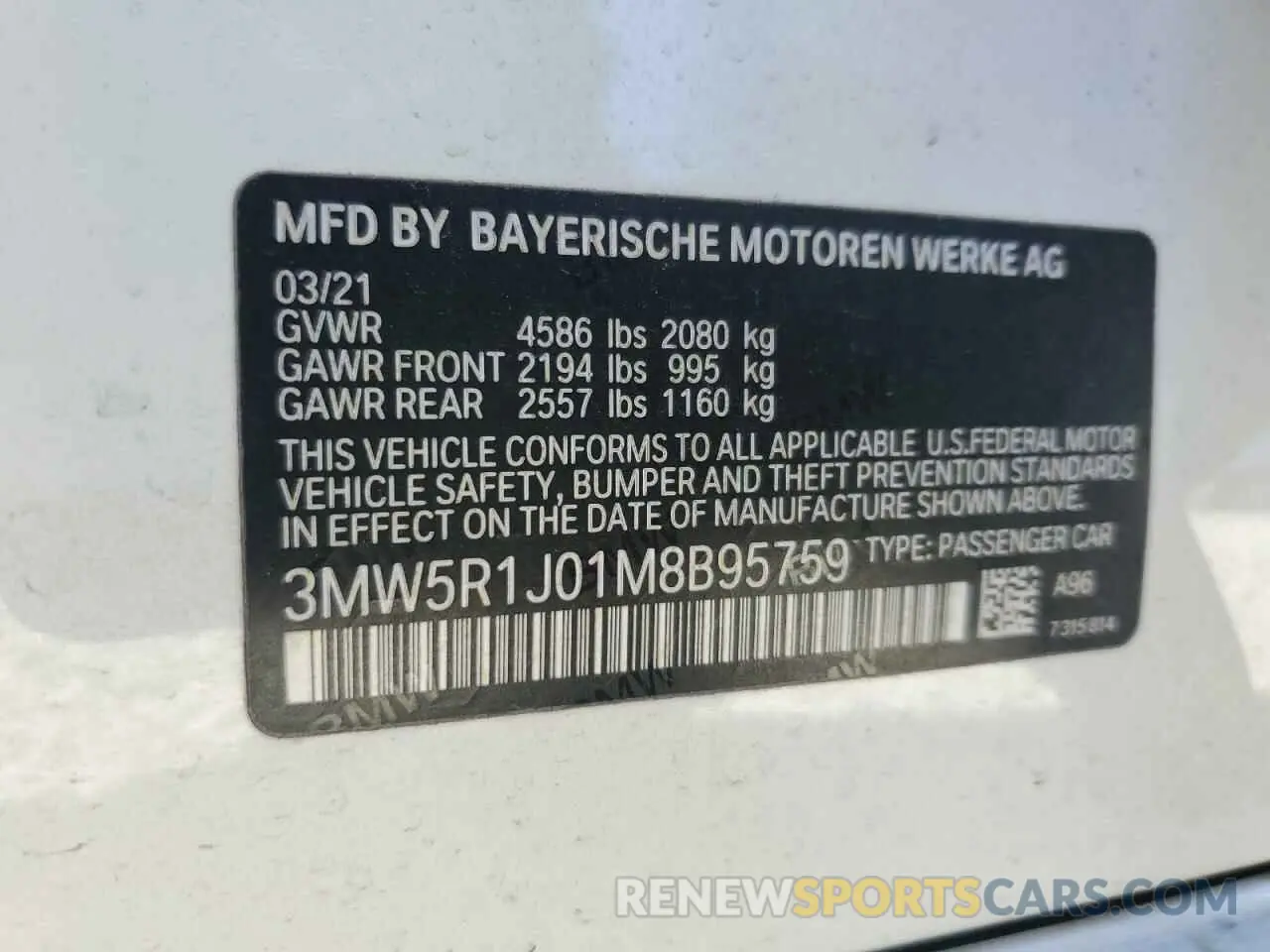 12 fotografías del automóvil dañado 3MW5R1J01M8B95759 BMW 3 SERIES 2021
