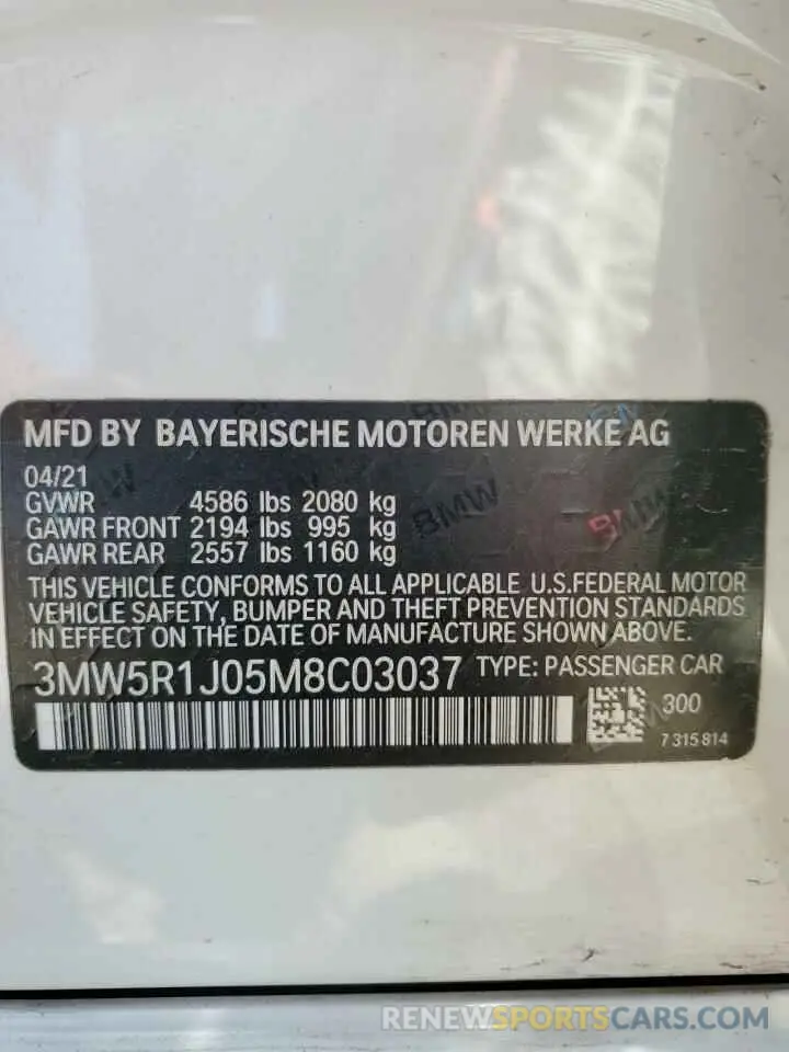 12 fotografías del automóvil dañado 3MW5R1J05M8C03037 BMW 3 SERIES 2021