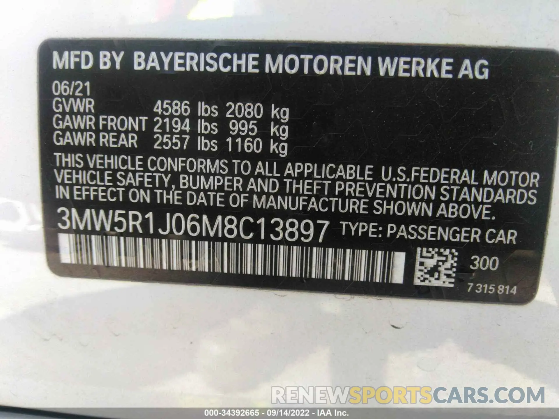 9 fotografías del automóvil dañado 3MW5R1J06M8C13897 BMW 3 SERIES 2021