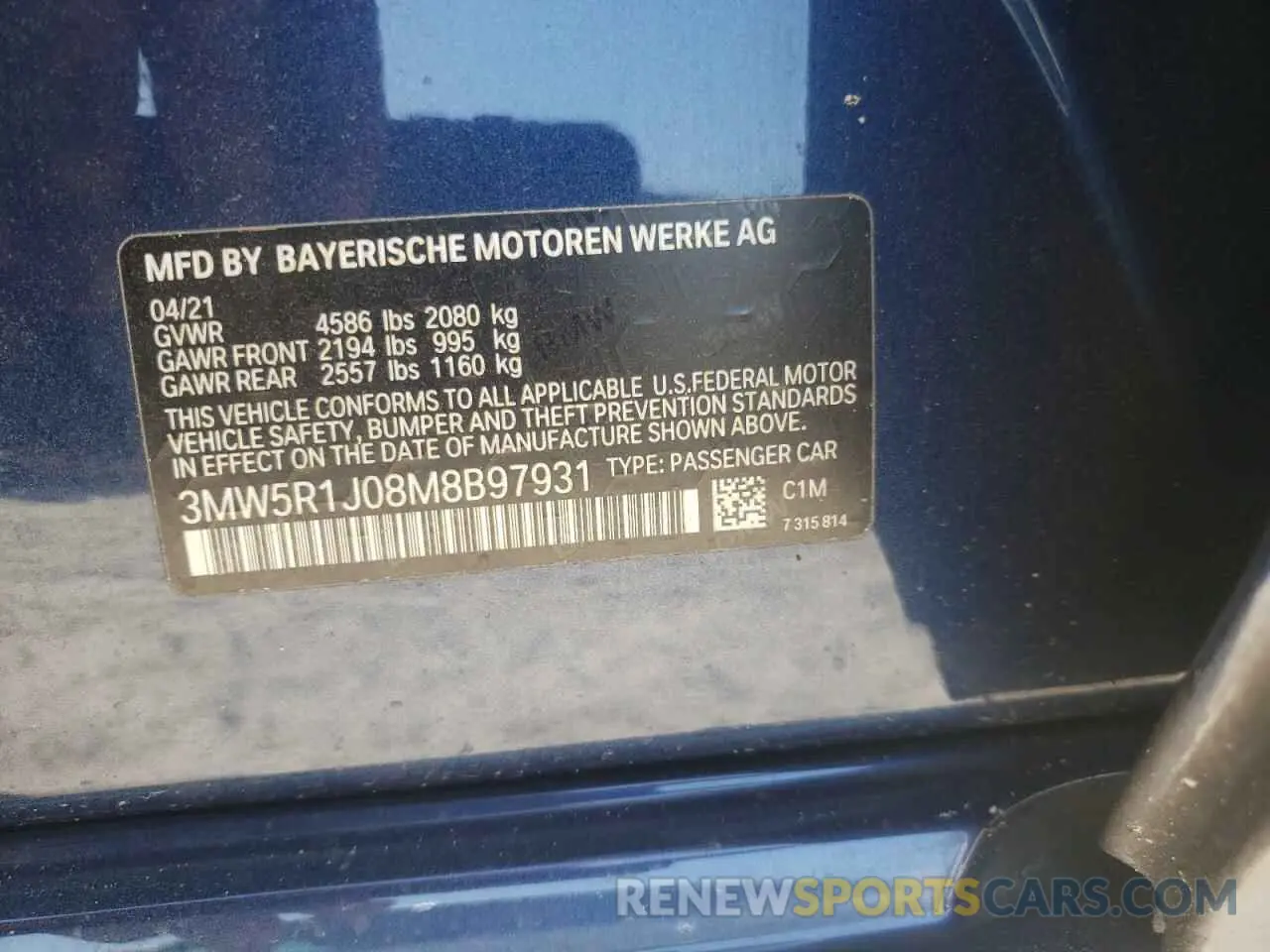 12 fotografías del automóvil dañado 3MW5R1J08M8B97931 BMW 3 SERIES 2021