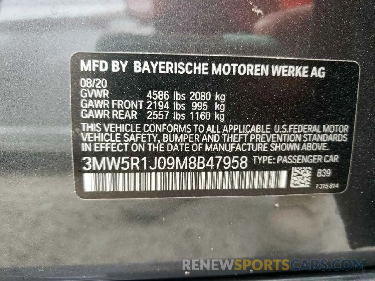 10 fotografías del automóvil dañado 3MW5R1J09M8B47958 BMW 3 SERIES 2021